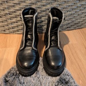 SCHUTZ Black Leather Combat Boots with Crystal Trim